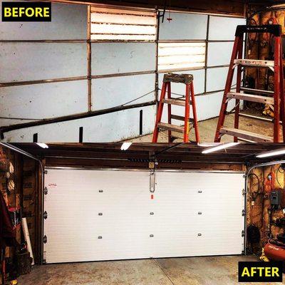 interior view of residential overhead garage door before and after