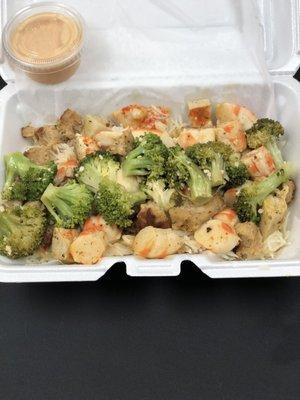 Vegan Shrimp, Lobster & chicken over Rice w/broccoli & Vegan Yum Yum Sauce