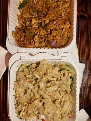 Drunken Noodle (bottom) Pad Thai (top)