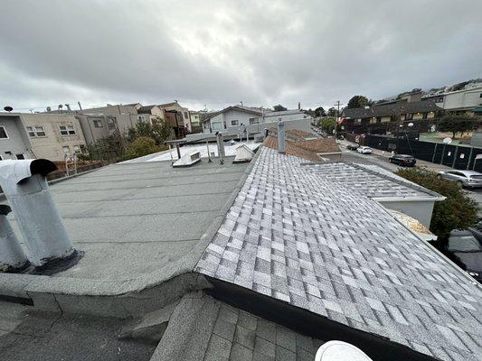 Asphalt cap sheet and shingles installed gutter replacement