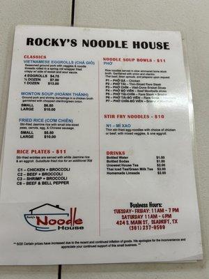 Rocky's Noodle House Menu