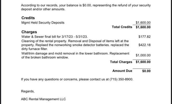 "Itemized List" of fixes for you to see. I apologize for them being the only renter option in this area.