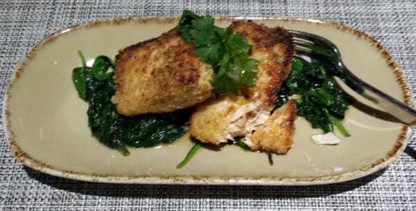 Salmon, lightly breaded, sauteed spinach