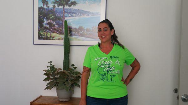 Brandi modeling our staff shirts for Tour & Taste