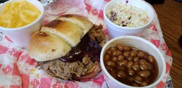 Delightful pulled brisket, delectable beans, slaw and mac n cheese!