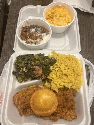 Fried Chicken Dark Meat, Yellow Rice, Collard Greens, Yamallow, Mac and Cheese