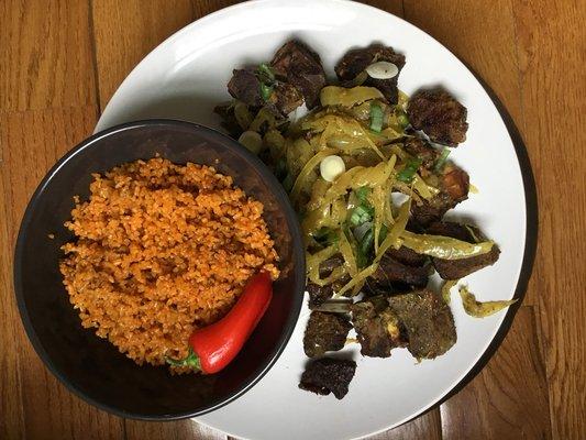 Lamb yassa with Senegalese Jollof