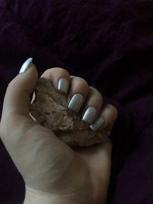 Silver holographic nails and rose quarts rock