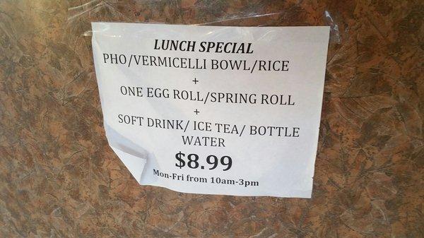 Lunch special sounds good but it ends at 3 pm weekdays only.