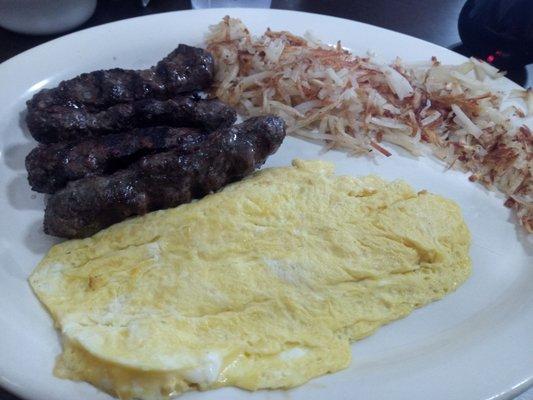 Kafta with scrambled eggs and hash browns