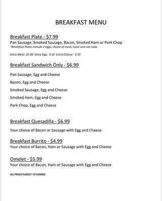 Breakfast menu