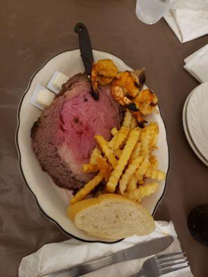 Delicious prime rib Friday.  Came with 3 grilled shrimp, potato and salad bar.