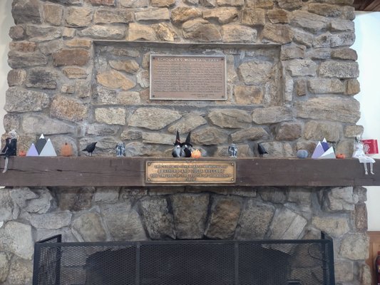 The fireplace in the lodge.