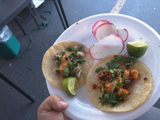 4", double tortilla tacos. Adobada is faboo! (Marinated pork with chopped pineapple)