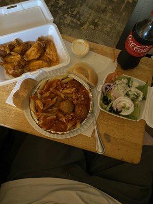 My dinner... pasta and meatballs, mild wings and a house salad with creamy Italian dressing.