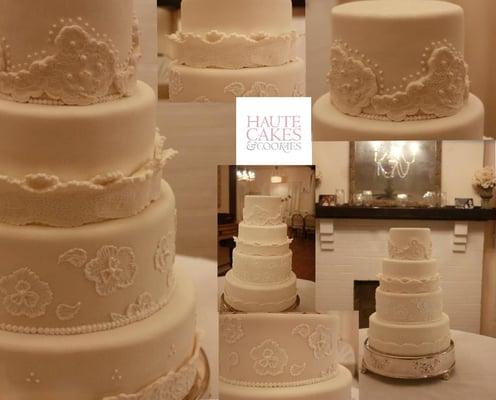 Vintage lace wedding cake for New Year's Eve wedding.