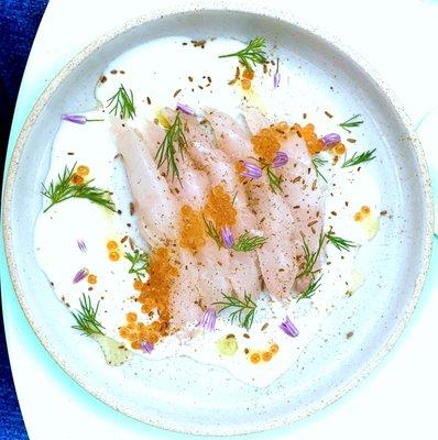 Black bass crudo with buttermilk, smoked trout roe, caraway, and dill