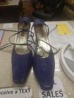 This is a sad day for me. My most loyal pair of perfectly matched royal blue heels can NOT be repaired!