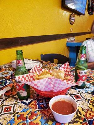 Chips, salsa and ice cold beer!  Perfect!