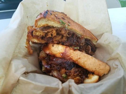 Bbq pulled pork grilled cheese sandwich from Pirate Brothers Bbq food truck.