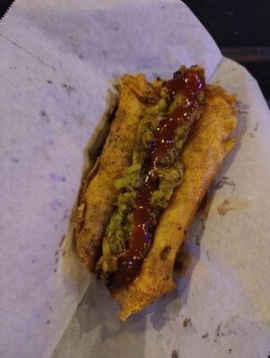 Green Chile cheese dog with crispy cheese