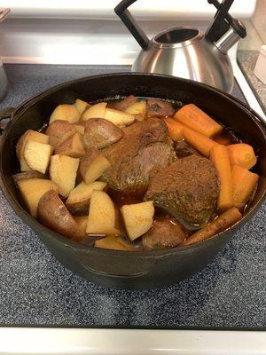 Roast from Jim's, taters, carrots, onions.... With Siete chorizo seasoning and beef broth. Only three hours to a taste of heaven!!