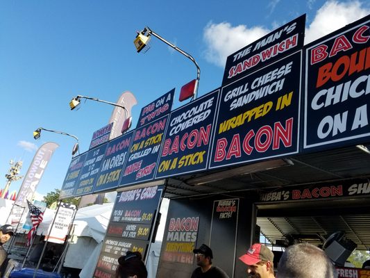 Bubba bacon stand featiring burgers chicken and bacon incorporated in those