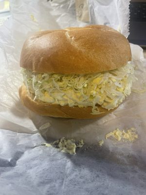 Look at the size of this egg salad sandwich for six dollars!