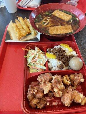 Rice entree and udon with tempura entree