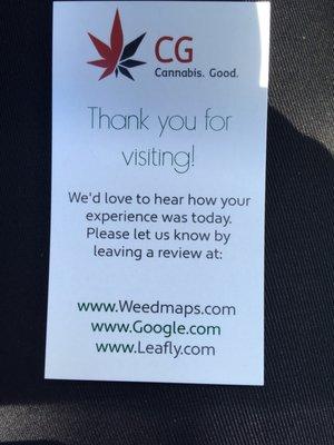 They ask to review in weedmaps and leafly