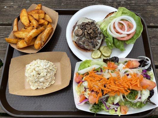 Potato Wedges, Elk Burger with mushrooms & pepper jack cheese, Mac Salad, Garden Salad - VN