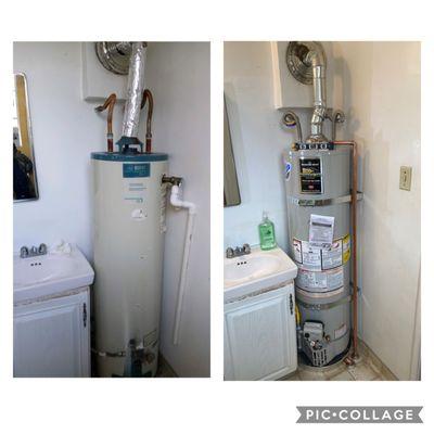 Clean installation of a new water heater, complete with safety pan.  Thanks to Edgar and Greg at Val Betti Plumbing.