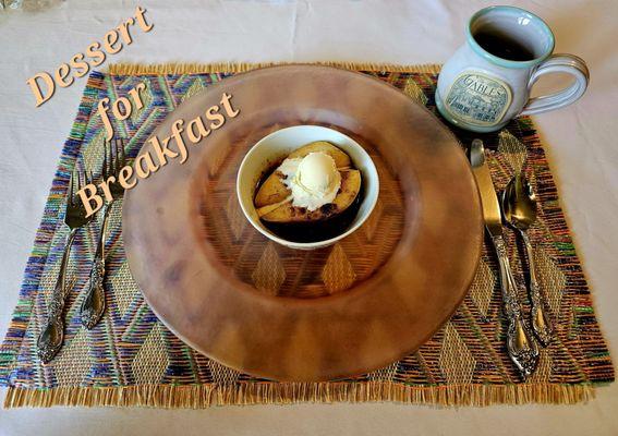 Second course, baked pear with vanilla ice cream.