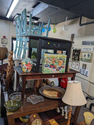 Several tables and chairs, vintage glassware and game