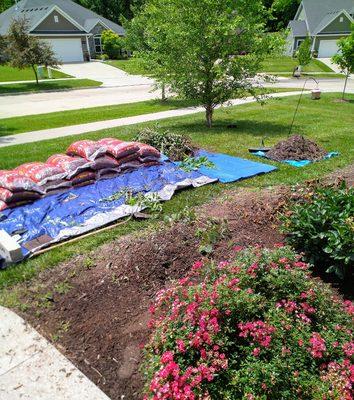 Removing old mulch/adding new weed barrier/new mulch / new stones around the perimeter