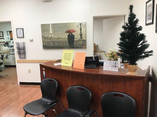 Welcome desk and waiting area.