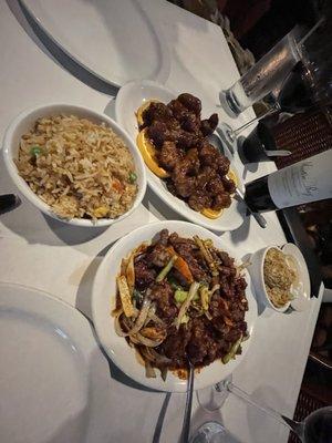 Our meals- orange chicken and hot chile beef