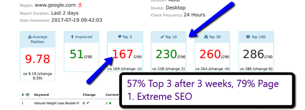 Extreme SEO at its Best.  Ranking for hundreds of Keywords in top 3.