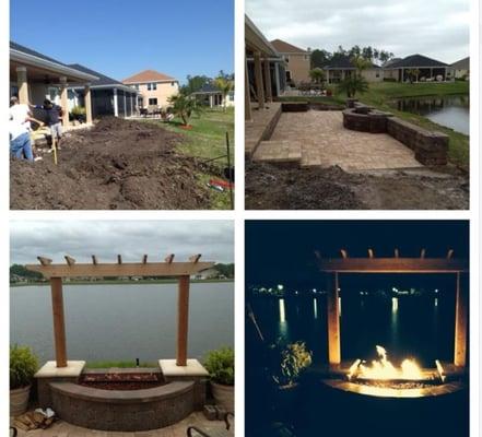 Lakeside outdoor patio, that flows with with the landscape. Look at that linear burner at night!