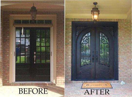 Here is one of our transformations from a double door with transom to an Iron door.