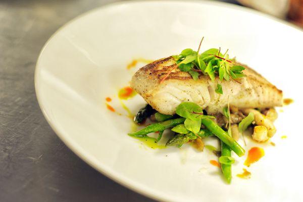 Roasted Halibut, asparagus, mushrooms, paprika oil