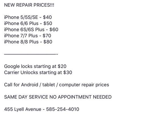 New Repair Prices