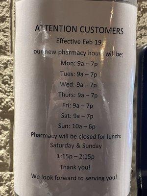 New Pharmacy Hours starting 2/19/2022