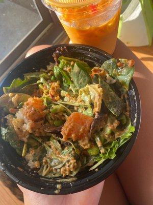 Two protein bowl, salmon and spicy tuna. Thai tea.