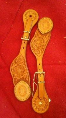 Floral carved, covered button, spur straps