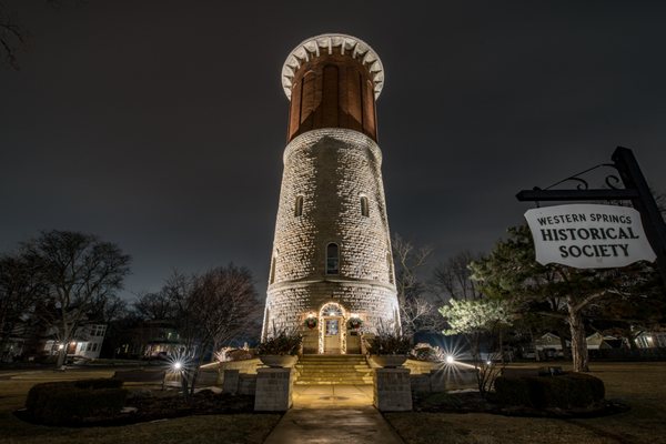 Historic water tower in downtown Western Springs