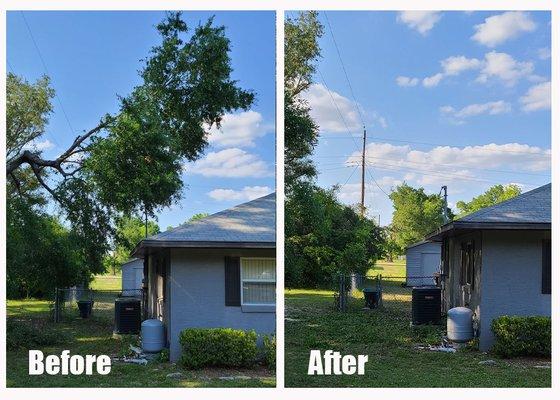 Before & After of a large tree hanging over a home.