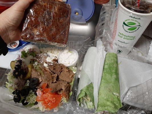 Bought for under $15, turkey wrap, Greek salad, banana chocolate chip bread and soda.