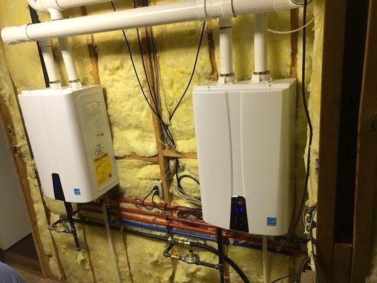 Installation of two tankless water heaters with hot water recirculation line