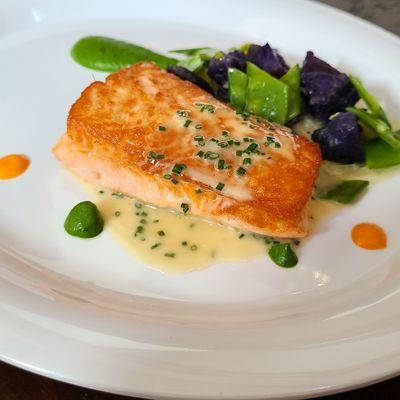 Private dinner, pan seared salmon, spinach,purple potatoes,sugar snap peas, with white wine sauce